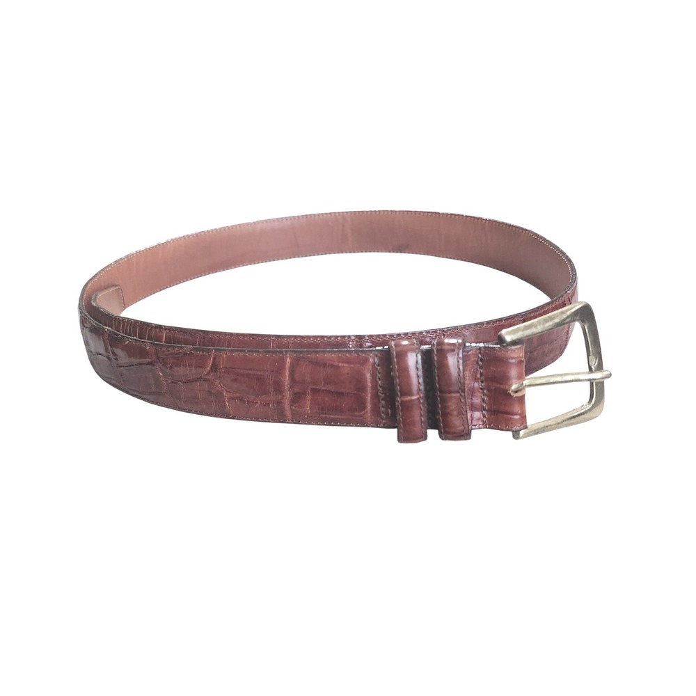 Brighton Leather Belt Men 34 Brown Croc Embossed Calfskin Solid Brass Buckle USA